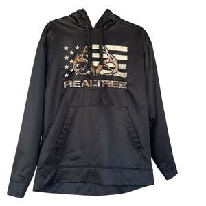 Realtree Hoodie Sweatshirt Men Medium Black Camo‎ Logo Hunting Flag